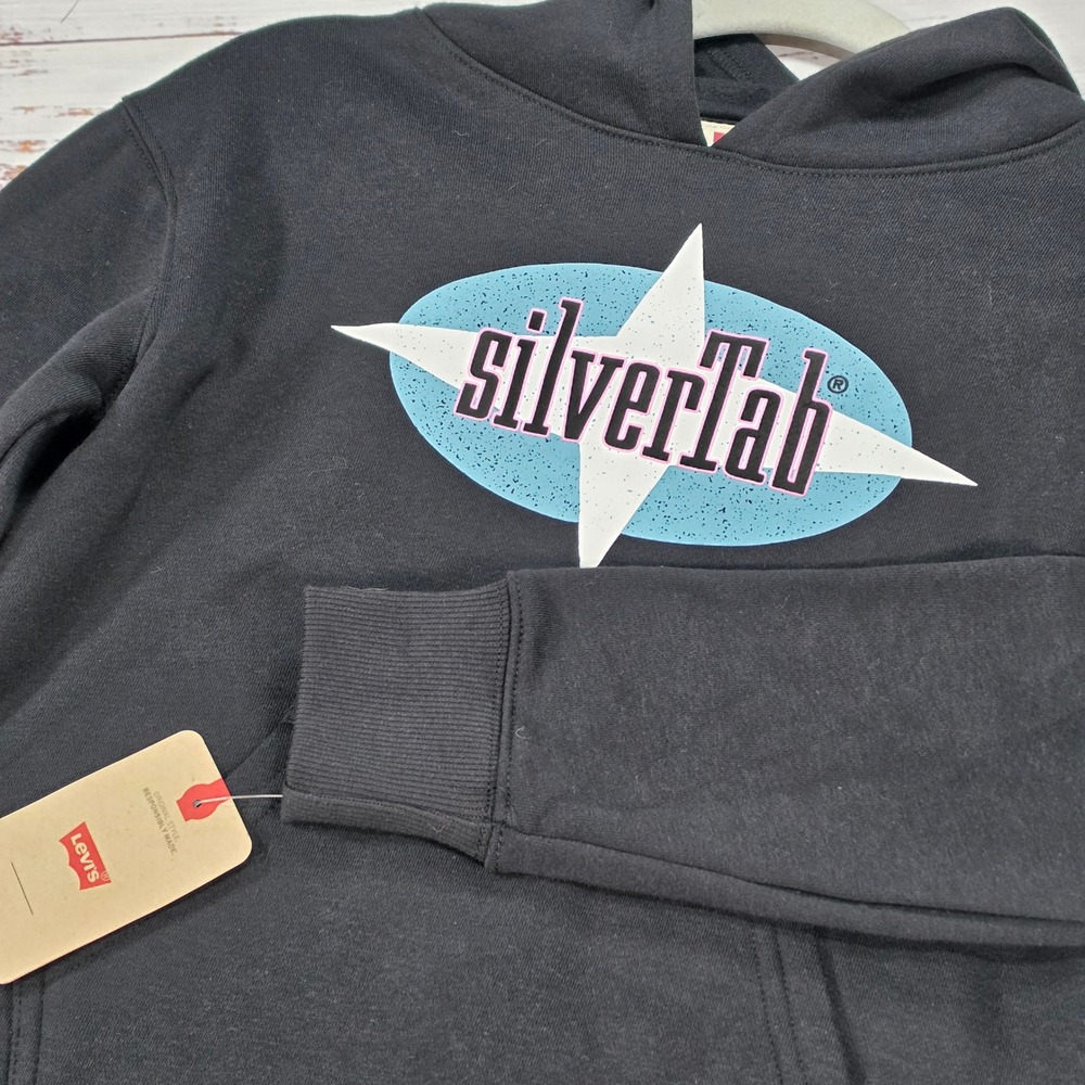 Levi's SilverTab Hoodie Kids Small Black NWT Retro Graphic Sweatshirt 91G333
